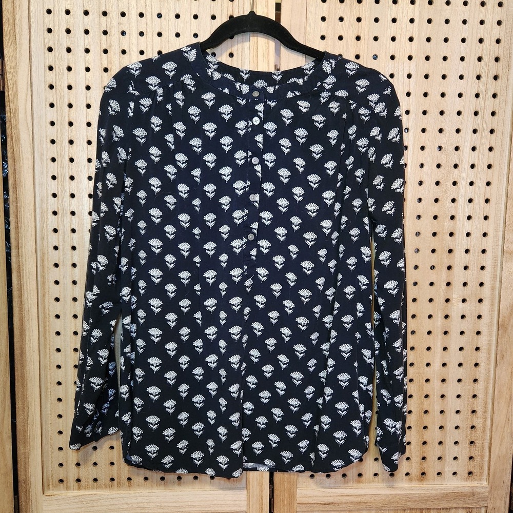 Loft‎ Blue And White Blouse Half Bottom Up Light Flow Loose Soft Classic Small